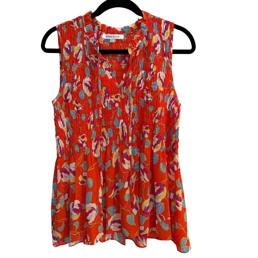 Rose + Olive Floral Sleeveless Smocked Peplum Blouse Orange Red Boho Small